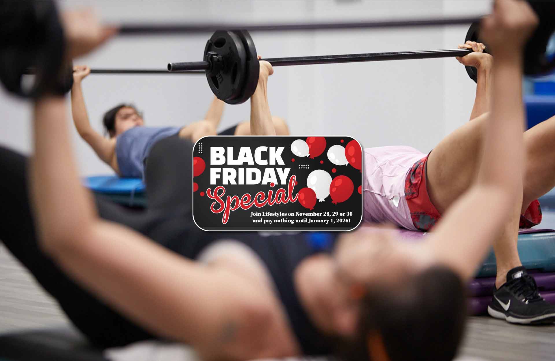 fitness class doing bench press with weights