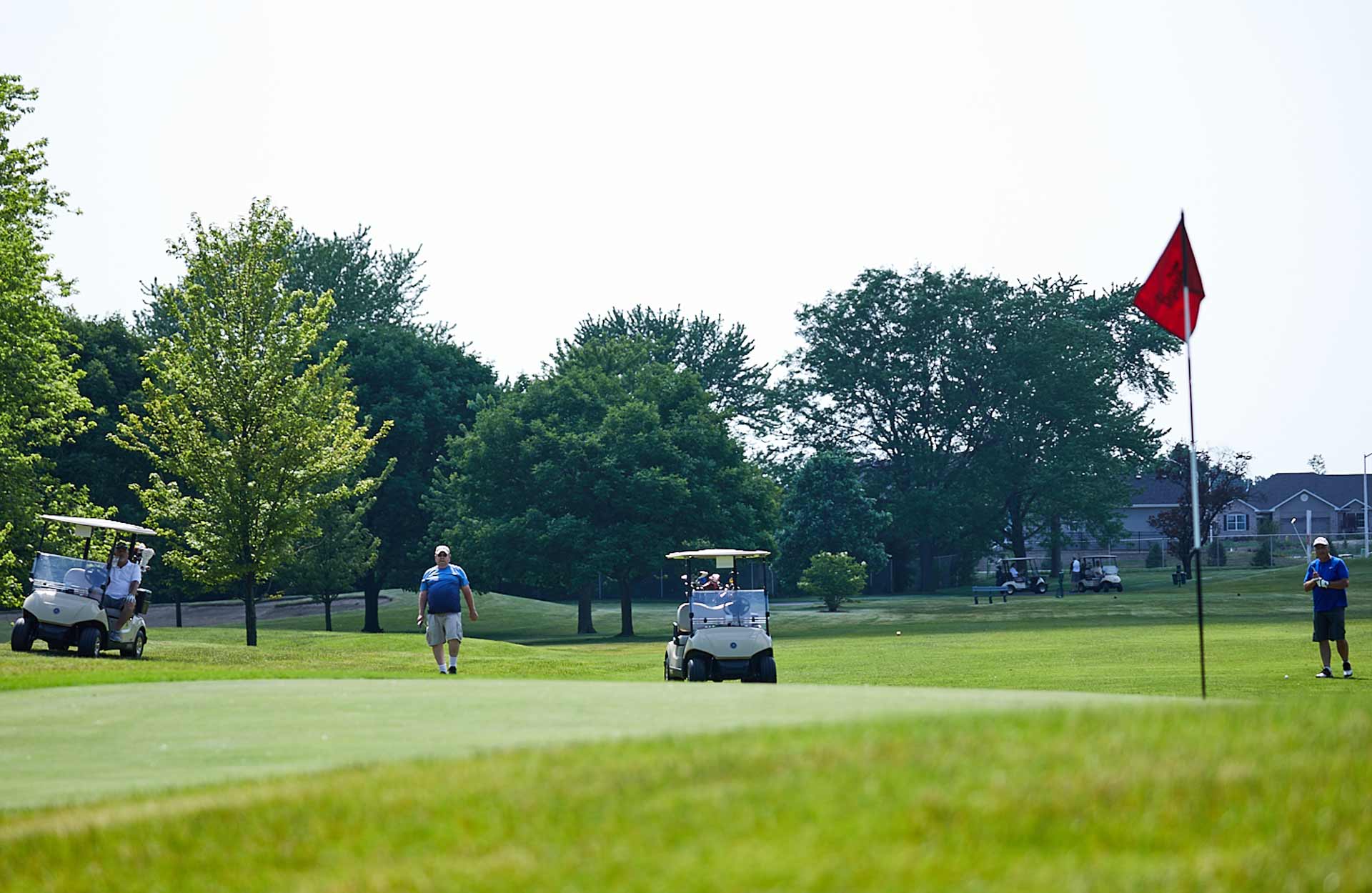 golfers approaching the green on foot and in carts on the golf course
