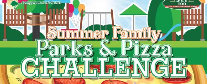 Cartoon playground across the top with a cartoon pepperoni pizza across the bottom with "Summer Family Parks & Pizza Challenge" text.