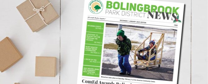 Bolingbrook Park District newsletter laying on top of desk. Photo of one child pulling another child on a sled with wheels down the path.