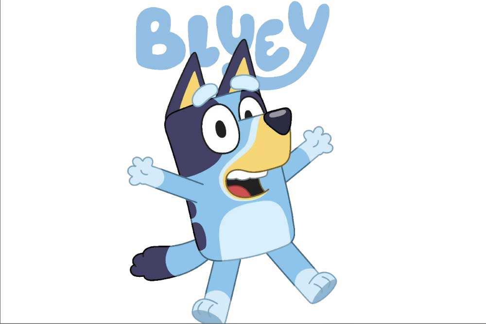 Cartoon character of a blue dog dancing