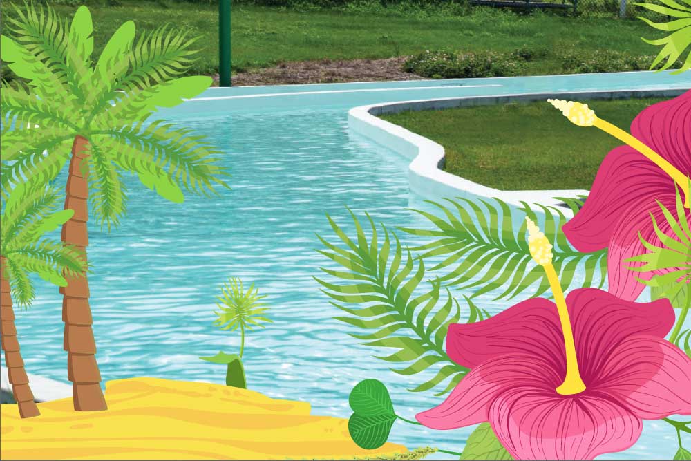 Photo of a lazy river pool with tropical flowers and trees