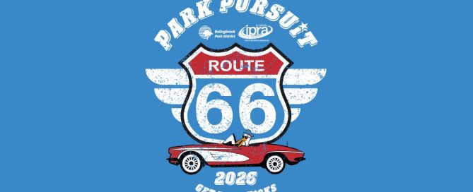 Logo of Route 66 Park Pursuit with bird mascot driving a red sports car.